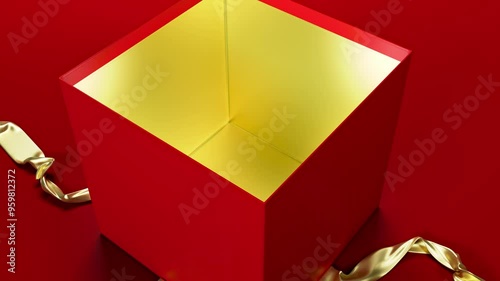 Red gift box with a gold ribbon unties and opens on a plain red background, revealing the contents inside. Ideal for holiday or celebration animations.