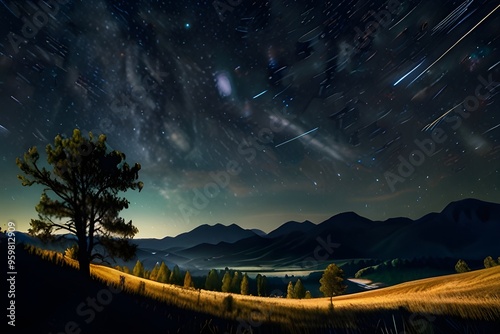 The stars are spinning in the starry night sky over the mountains, startrails Generative AI photo