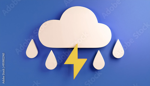 A conceptual illustration of a cloud with rain and lightning, symbolizing stormy weather on a blue background.