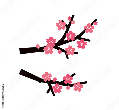 桜の木のイラスト素材セット、シンプルな桜の花と枝のパーツ＿シルエット