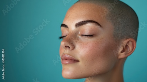 Empowered young woman with shaved head standing against floral background