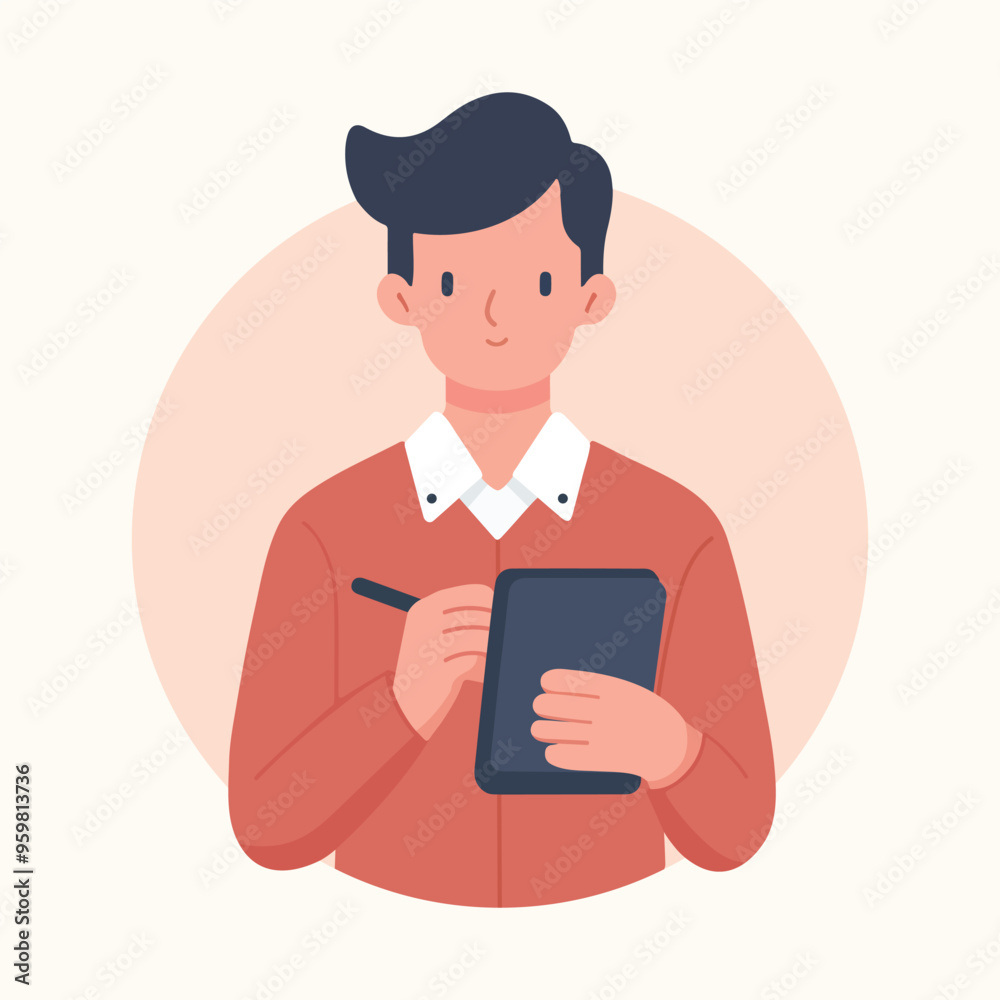 Modern Cartoon Illustration of a Man with a Clipboard Flat Vector Design Modern Cartoon Illustration of a Man with a Clipboard Flat Vector Design