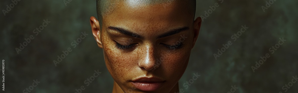 Obraz premium Empowered young woman with shaved head standing against floral background