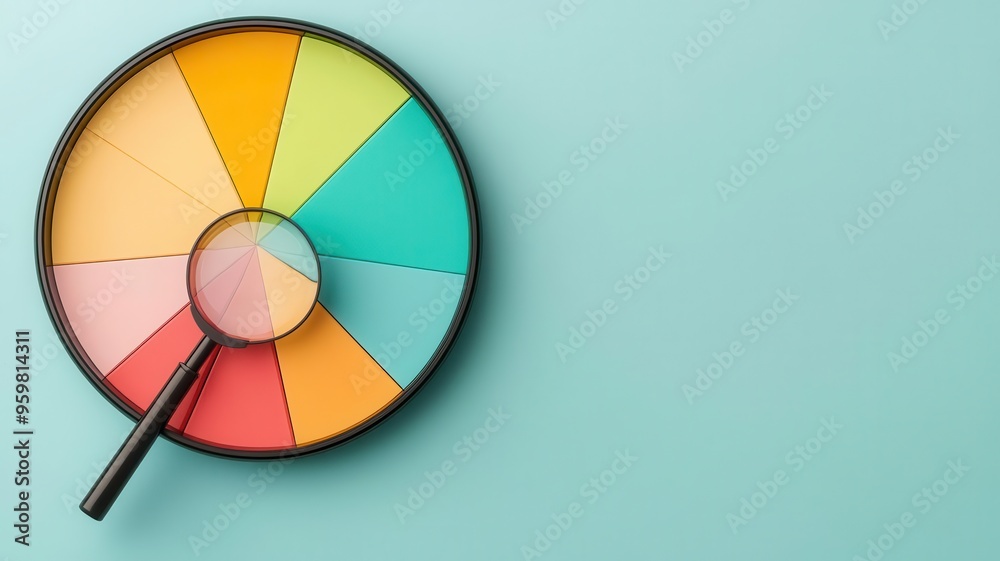 Fototapeta premium Circular chart with diverse colors, magnifying glass highlighting growth, 3D illustration