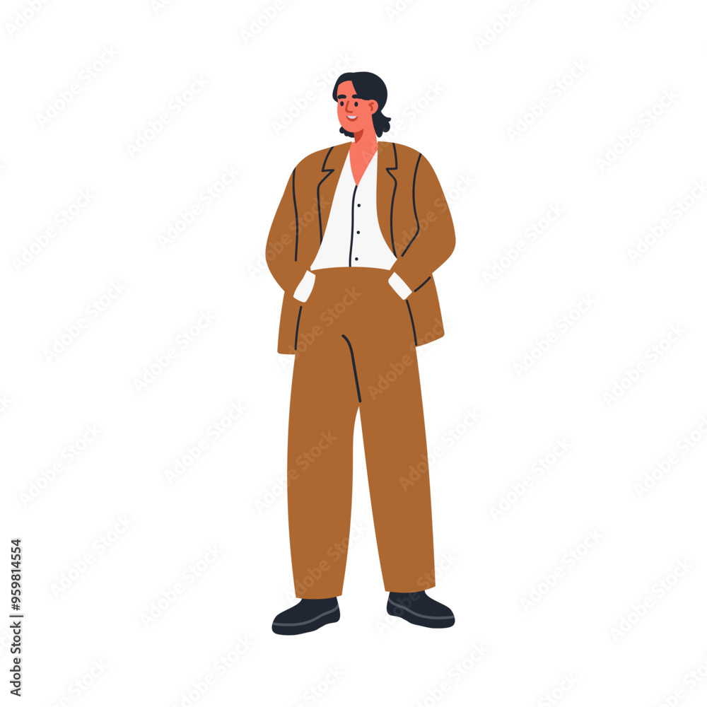 Business character in smart casual style suit, stylish professional outfit. Modern office worker dressed in elegant attire, fashion clothing. Flat vector illustration isolated on white background Business character in smart casual style suit, stylish professional outfit. Modern office worker dressed in elegant attire, fashion clothing. Flat vector illustration isolated on white background