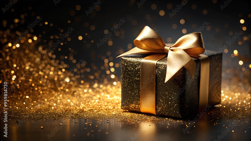 Gift box and golden ribbon on black background with glitter. Black friday sale concept. AI generative Gift box and golden ribbon on black background with glitter. Black friday sale concept. AI generative