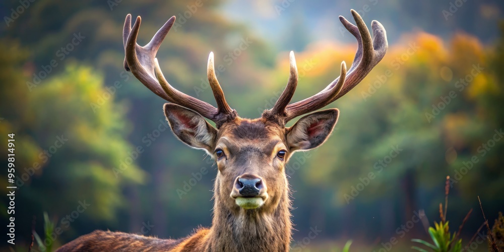 Fototapeta premium A regal deer's majestic antlers stretch towards the sun, set against a serene backdrop of lush foliage and