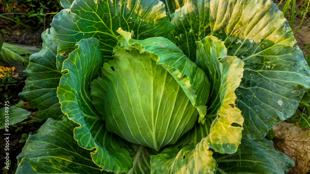 A fresh green cabbage growing in a garden, embodying the concept of organic farming and healthy living A fresh green cabbage growing in a garden, embodying the concept of organic farming and healthy living