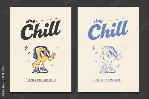 retro 70s poster or wall art print design with a cartoon character listening to music, vector illustration