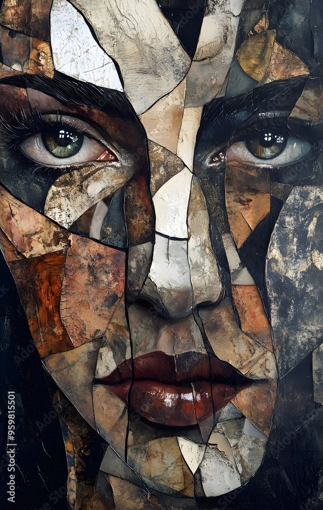 16. **Abstract face art with fragmented shapes and overlapping textures, creating a sense of depth and complexity**