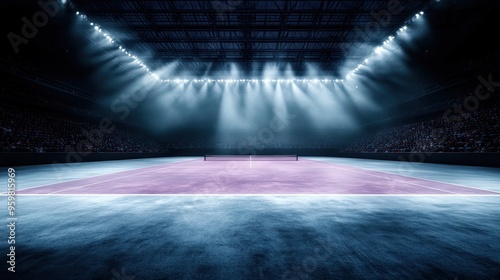 A brightly lit, empty tennis court inside a modern indoor stadium, showcasing the vibrant setting and grandeur before the commencement of a major tennis event. photo