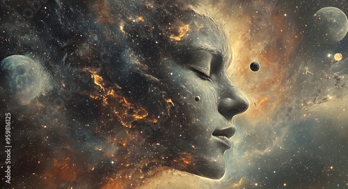 38. **Celestial portrait featuring a human face surrounded by stars, moons, and cosmic elements**