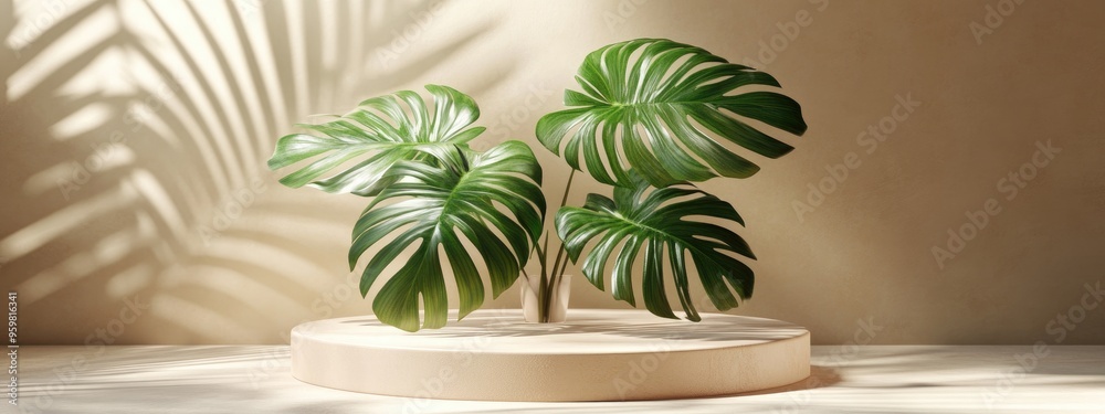 Brown product display podium featuring a monstera leaf 3D rendering