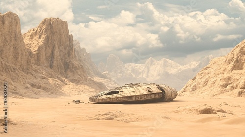 A futuristic spaceship rests on a sandy desert landscape under a dramatic sky.
