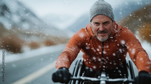 A determined man in an orange jacket rides a handcycle through a snowy landscape, portraying resilience and athleticism amidst a challenging yet picturesque environment. photo