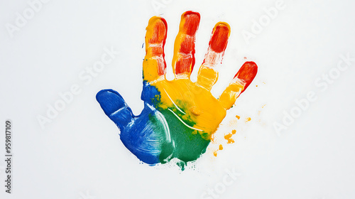 Colorful handprint art on white background, creative artwork, kids' craft, fun painting, rainbow colors, unique design, vibrant expression, handmade art, childhood creativity, abstract pattern


 photo