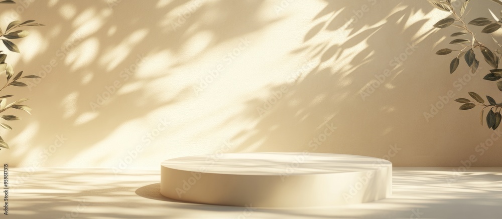 Empty beige and white podium illuminated by dappled sunlight with leaf foliage shadows on a cream wall and floor creating a backdrop suitable for luxury organic cosmetic and skincare product displ Empty beige and white podium illuminated by dappled sunlight with leaf foliage shadows on a cream wall and floor creating a backdrop suitable for luxury organic cosmetic and skincare product displ