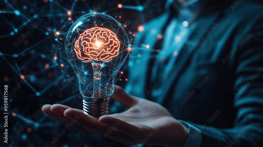 Fototapeta premium Hand holding lightbulb and brain icon for smart technology innovation. Symbolizing creative thinking and innovation in a business. Innovation technology digital. Futuristic technology. Copy space area