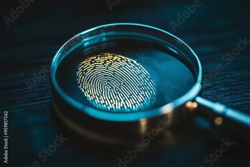 Fingerprint under magnifying glass, forensic investigation, crime scene analysis, detective work, criminal identification, law enforcement, evidence collection, security, biometric data, mystery 