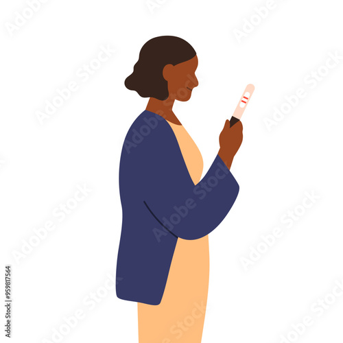 Pregnant black woman holding pregnancy test with positive result. Future mom, mother, African-American female with medical stick in hand. Flat vector illustration isolated on white background