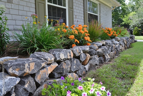 Newly built stone landscape border with flower and shrub garden bed in springtime Mississippi. photo