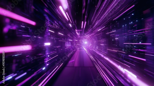 Purple neon light streaks radiating from the center on a dark background, evoking themes of technology, big data, and bots. generative ai