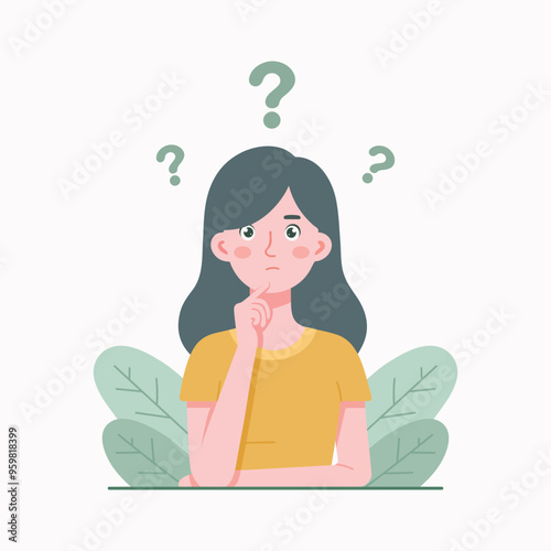 Cute young woman confused flat design vector illustration