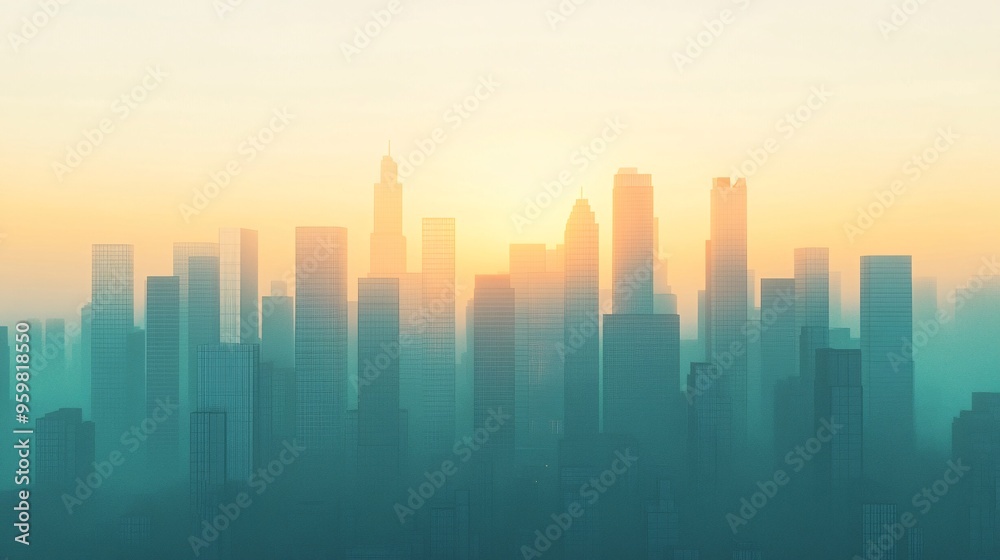 A serene city skyline at sunrise, showcasing silhouettes of skyscrapers in soft pastel hues.