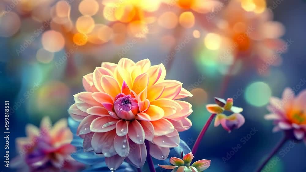Serene sunrise dahlia garden with dew drops