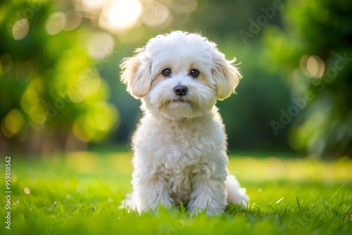 A small, fluffy white Maltipoo dog sits blissfully on the lush green lawn, its fur glistening in the