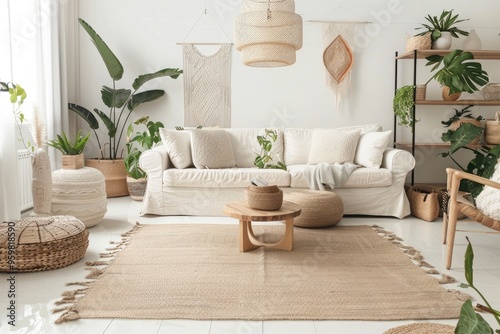 Bohemian Chic Living Room with White Sofa, Woven Textures, and Lush Greenery