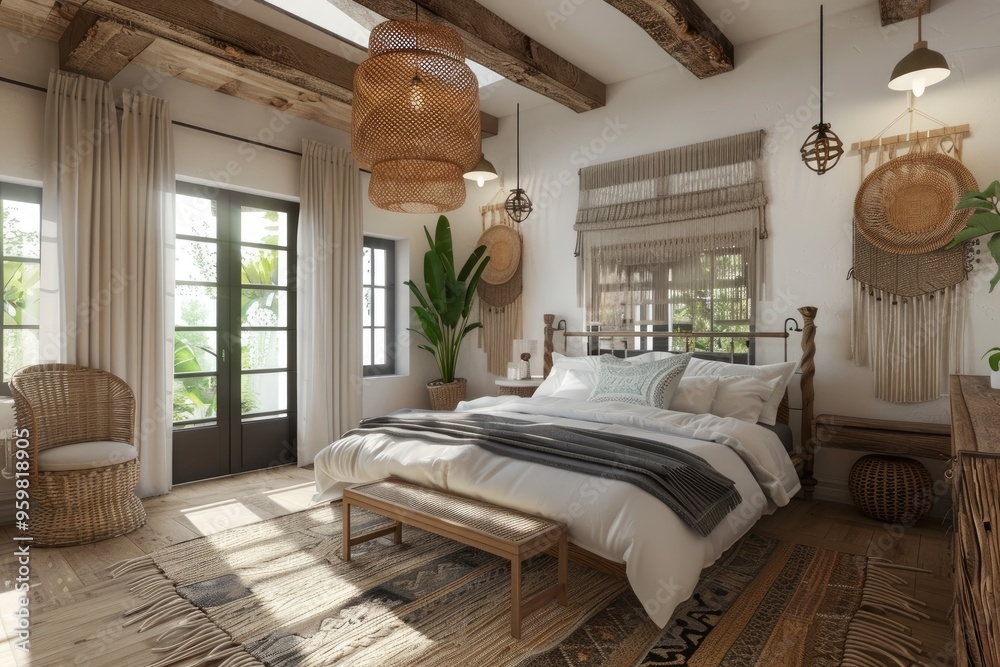 Cozy Boho Bedroom with Wicker Accents and a Rustic Wooden Bed Frame Cozy Boho Bedroom with Wicker Accents and a Rustic Wooden Bed Frame