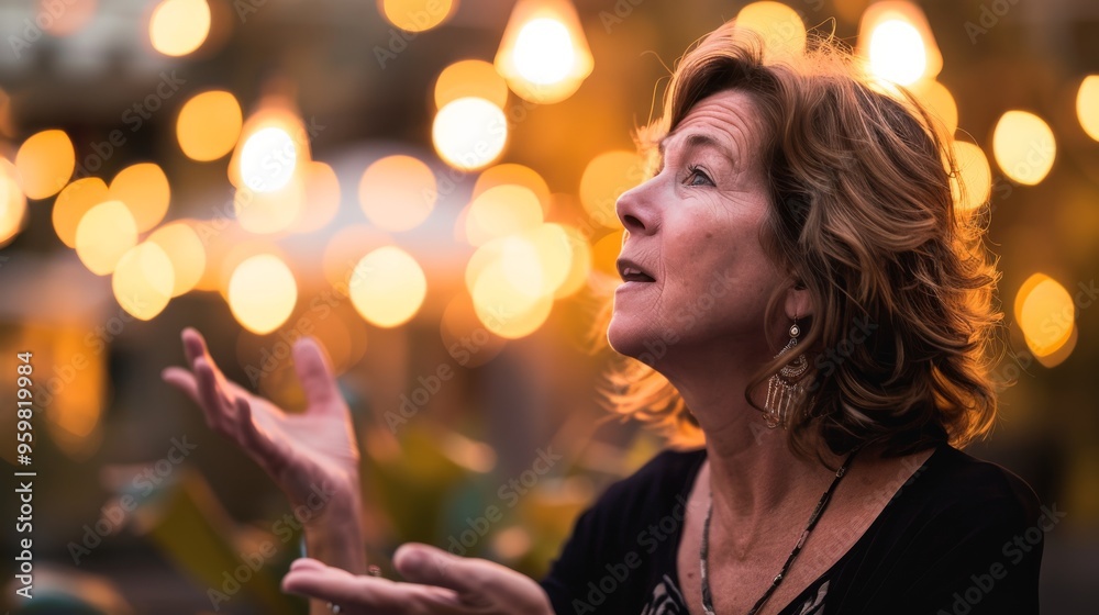 A woman gazes upwards amidst warm, bokeh lights in the background, exuding a sense of wonder and reflection. A woman gazes upwards amidst warm, bokeh lights in the background, exuding a sense of wonder and reflection.
