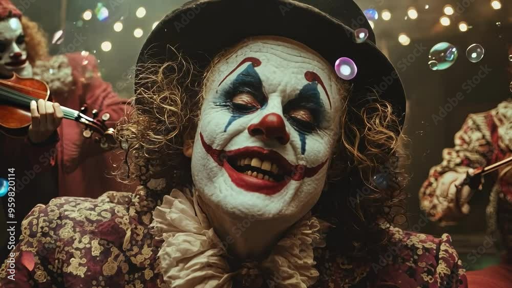 Retro carnival scene with clowns from different decades: one with a music box, another dancing with a top hat, a third playing the violin, all under vintage lights and floating bubbles