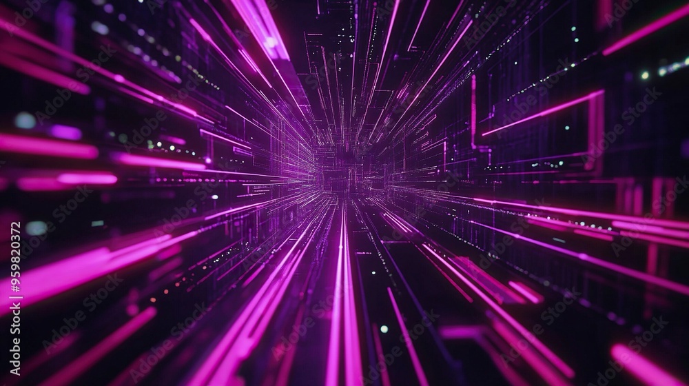Fototapeta premium Purple neon light streaks radiating from the center on a dark background, evoking themes of technology, big data, and bots. generative ai