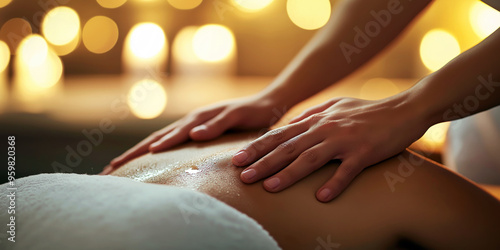 Wallpaper Mural Close-up of a therapist's hands performing a relaxing back massage on a client, with a serene spa setting in the background. Torontodigital.ca
