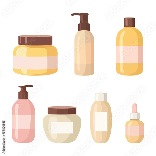 A minimalist vector cosmetic set featuring elegant bottles, jars, and makeup tools. Perfect for branding, packaging, or digital designs with a modern, clean aesthetic.