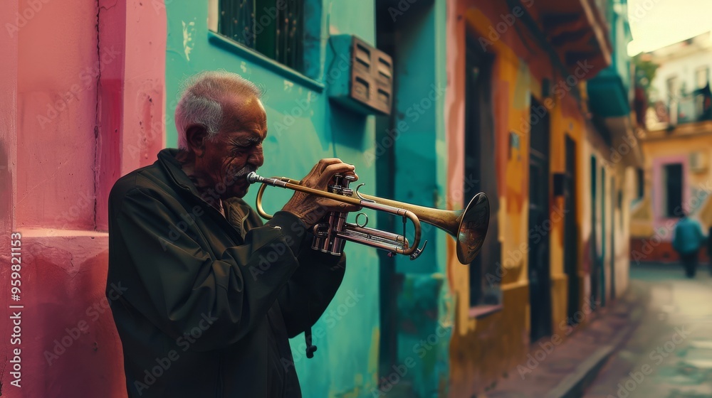 Obraz premium Elderly man passionately plays trumpet on a vibrant, colorful street, exuding energy and the spirit of urban culture and music.