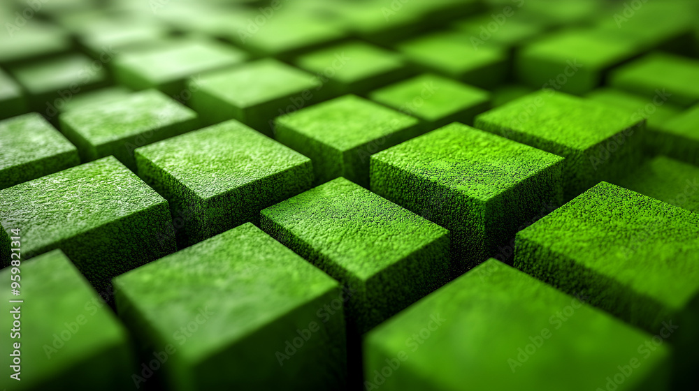 Green cube pattern with textured surface in a multi-dimensional arrangement showcasing natural hues Green cube pattern with textured surface in a multi-dimensional arrangement showcasing natural hues
