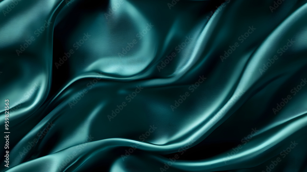 Fototapeta premium Dark teal green silk satin Shiny smooth fabric Soft folds Luxury background with space for design
