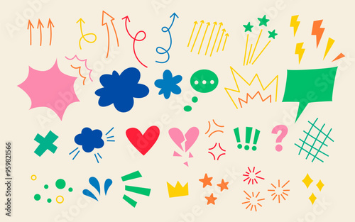 Hand drawn effect set. Collection of arrows and speech bubbles. Vector illustration. Doodle anime sticker pack in bright colors. Emphasis. Cute design elements