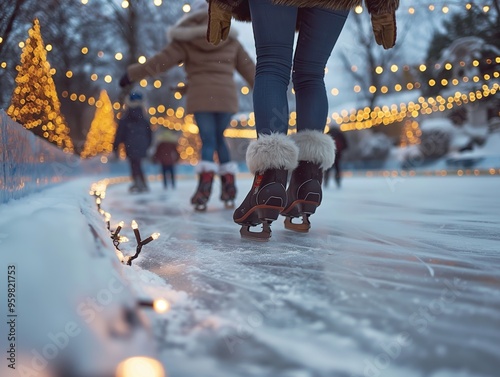 Family ice skating at an outdoor rink decorated with Christmas lights