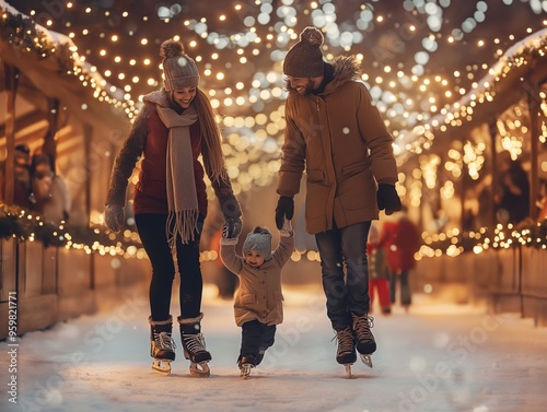 Family ice skating at an outdoor rink decorated with Christmas lights
