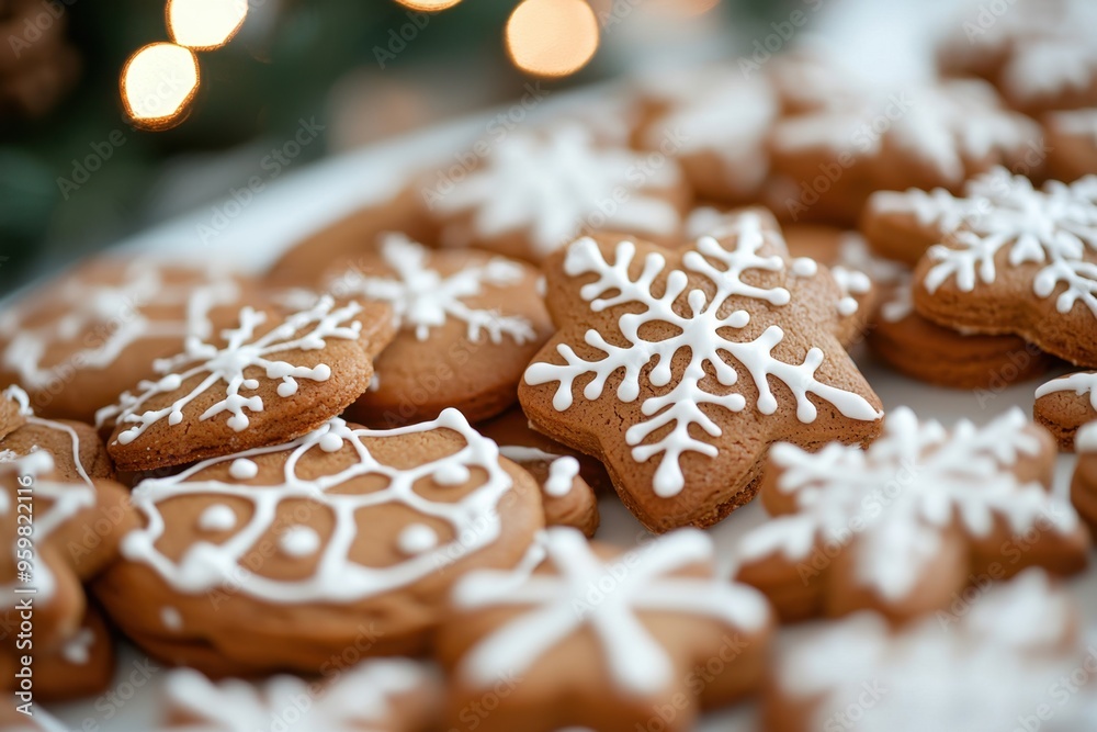 Gingerbread Cookies with White Icing and Snowflake Designs.