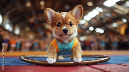 A playful corgi puppy performs on a circular training ring, charming an excited indoor audience. photo