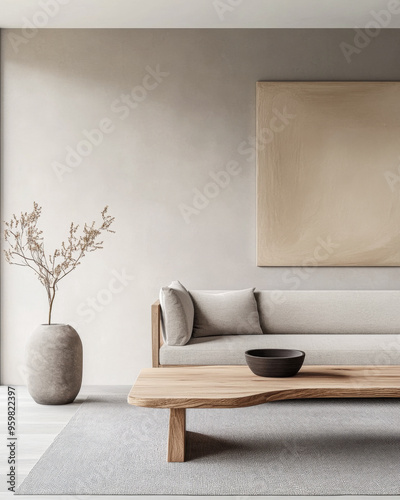 Minimalist living room interiors in neutral tones with natural lighting and elegant decor. Luxury interior design composition