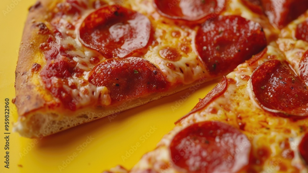 Pizza Perfection. Tantalizing close-up of pepperoni slice on yellow background Pizza Perfection. Tantalizing close-up of pepperoni slice on yellow background