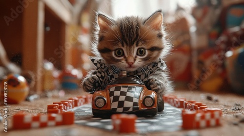 A playful kitten dressed as a race car driver zooms around a colorful toy racetrack, surrounded by checkered flags. photo