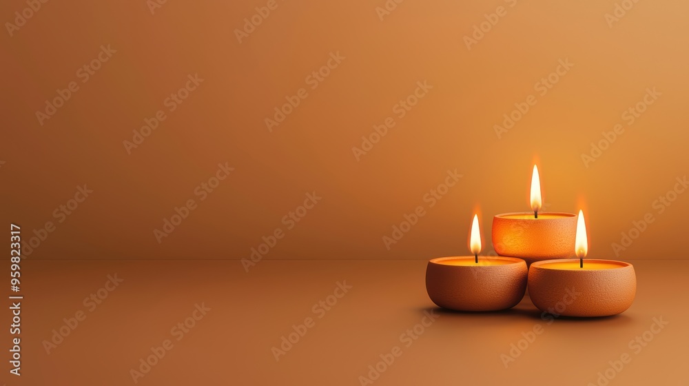 Three Burning Candles on a Brown Background Three Burning Candles on a Brown Background