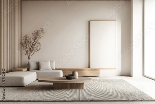 Minimalist living room interiors in neutral tones with natural lighting and elegant decor. Luxury interior design composition